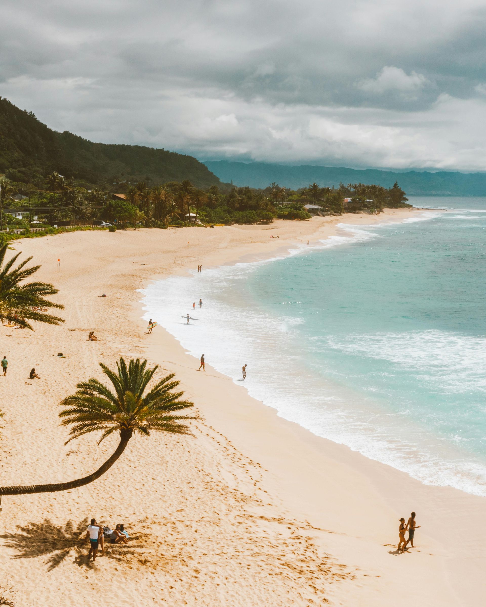 Curved tropical beach with turquoise surf, palm trees, and cloudy sky along a forested coastline.