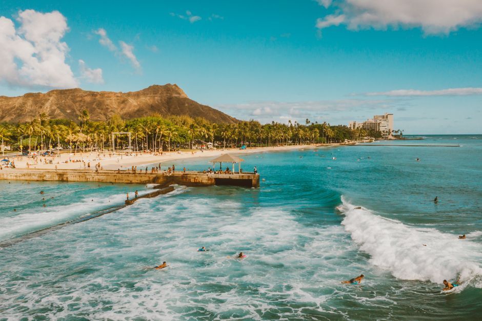 Aerial view of Waikiki Beach and Diamond Head in Honolulu