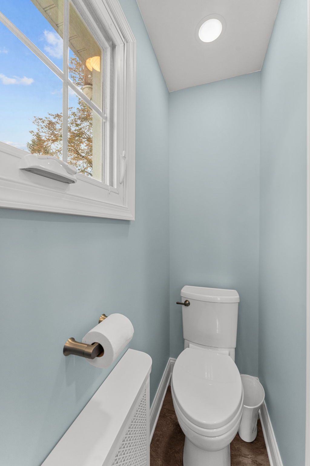 Small light-blue bathroom with a toilet, window, and toilet paper holder under the window in Bucks County PA