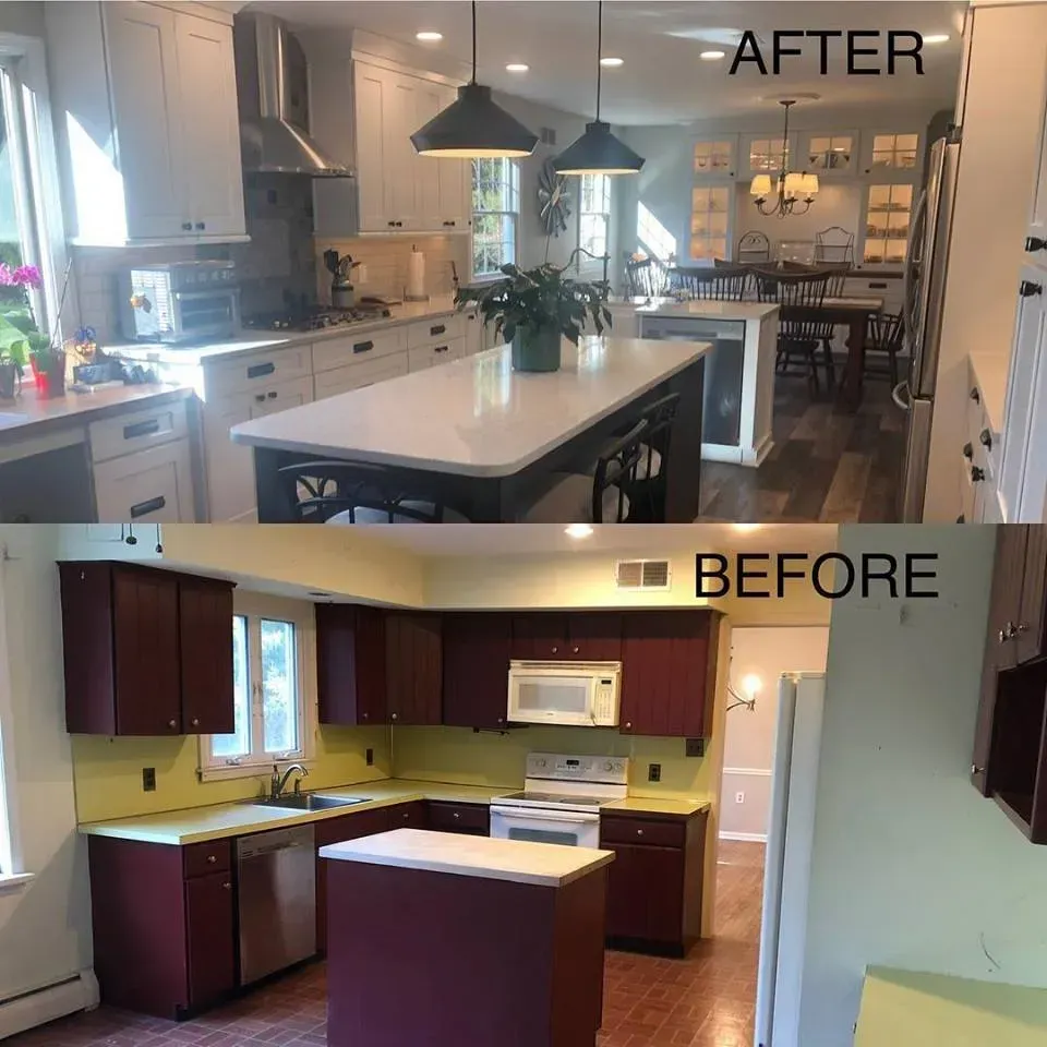 Kitchen remodel comparison: bright white island and open layout above, dark dated kitchen below In Bucks County PA