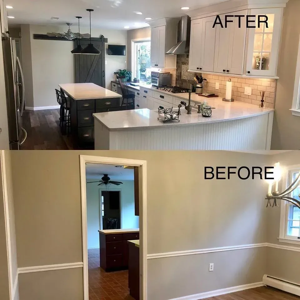Before-and-after kitchen renovation: bright white modern kitchen above, empty tan dining room below In Bucks County PA