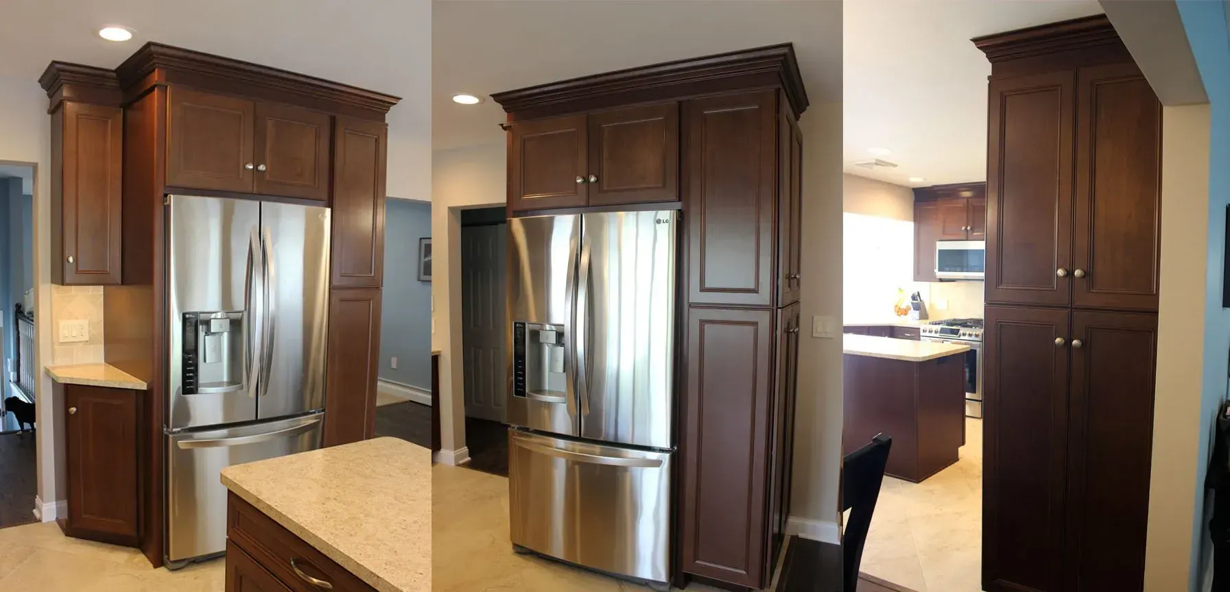 Modern kitchen with stainless steel refrigerator, dark wood cabinets, and granite countertops  In Bucks County PA
