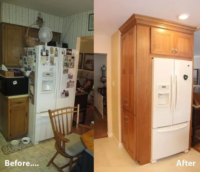 Before-and-after kitchen photos showing a white refrigerator replaced by a built-in wood pantry cabinet In Bucks County PA