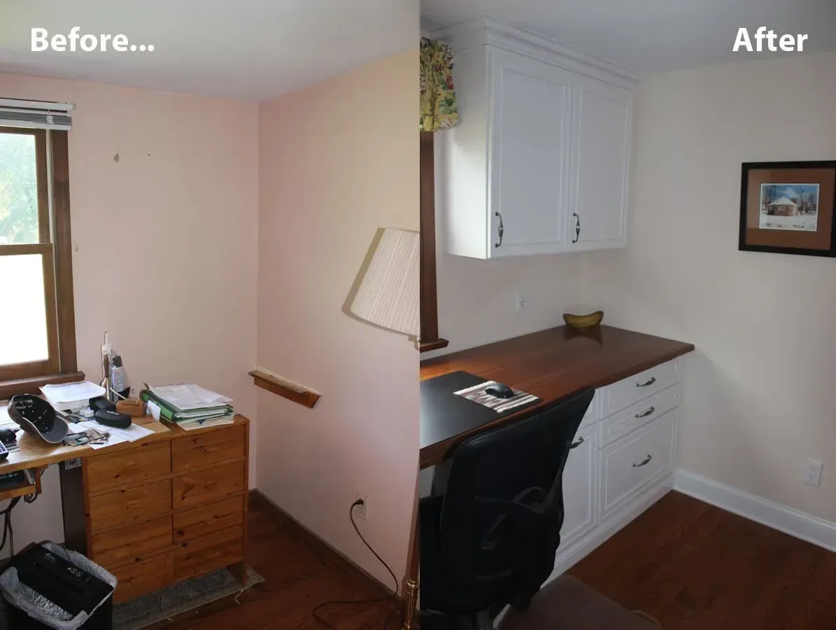 Before-and-after home office: cluttered desk transformed into a tidy built-in workspace with white cabinets and wood floor In Bucks County PA