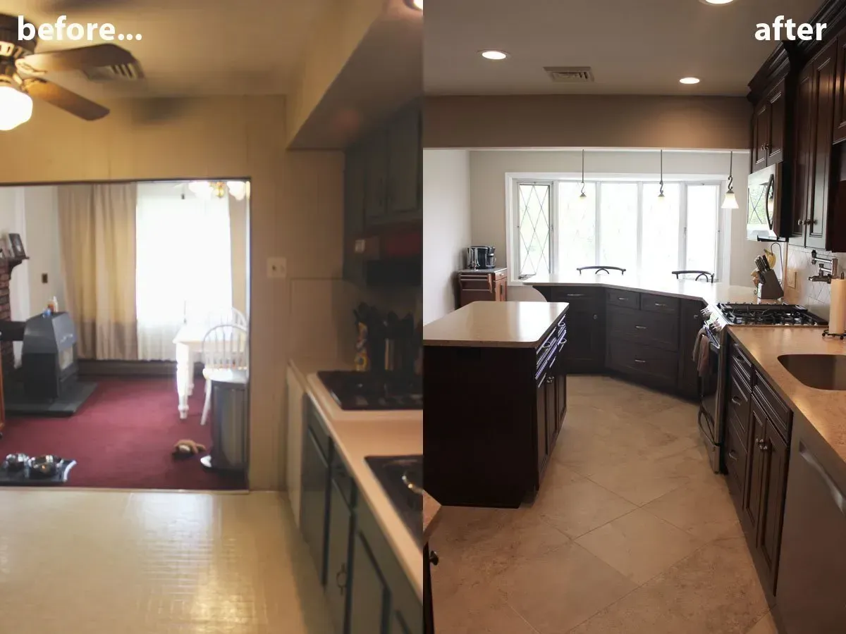 Before-and-after kitchen renovation: dark old room on left, bright modern kitchen on right In Bucks County PA