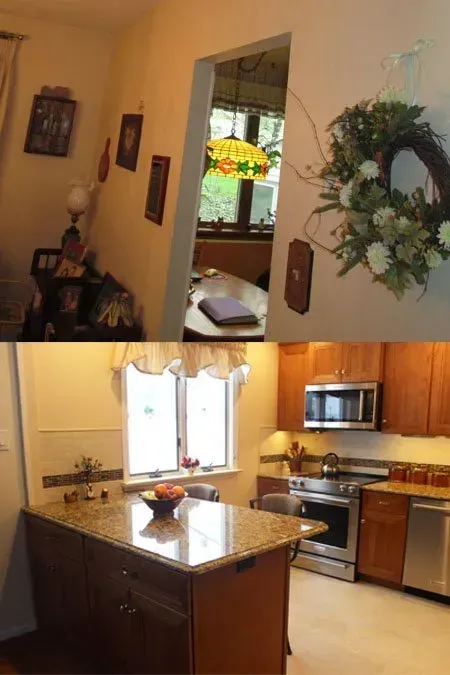 Home interior showing a hallway and a kitchen with wood cabinets, granite island, and stainless steel appliances In Bucks County PA