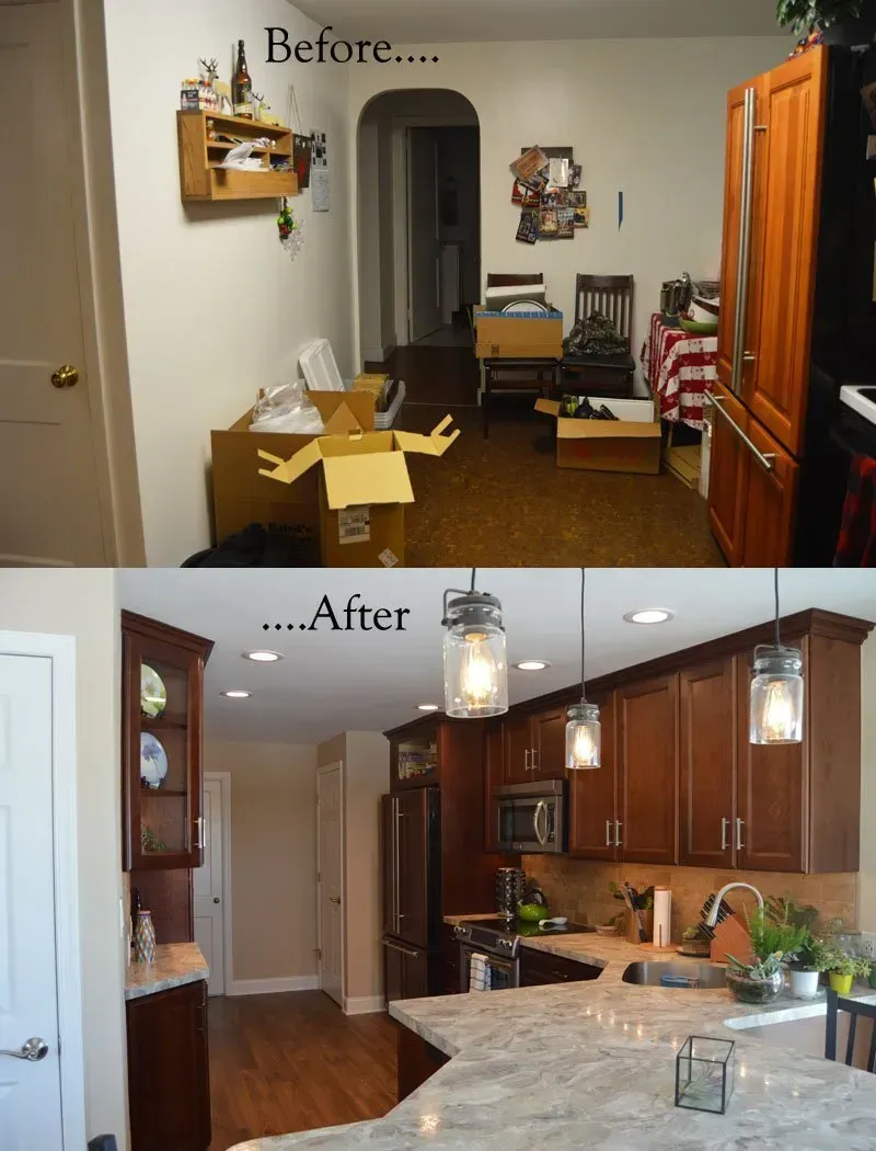 Before-and-after kitchen renovation: cluttered room above, bright modern kitchen below  In Bucks County PA