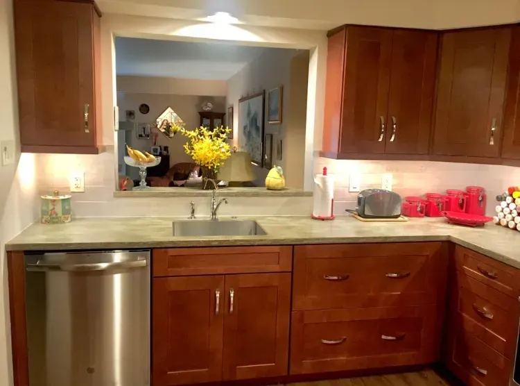 Kitchen sink and countertop with wooden cabinets, stainless dishwasher, and a flower arrangement reflected in the pass-through mirror  In Bucks County PA