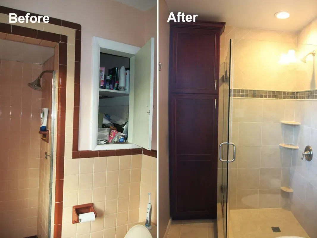 Before-and-after bathroom remodel showing a shower, vanity, and cabinet in a small tiled bathroom In Bucks County PA