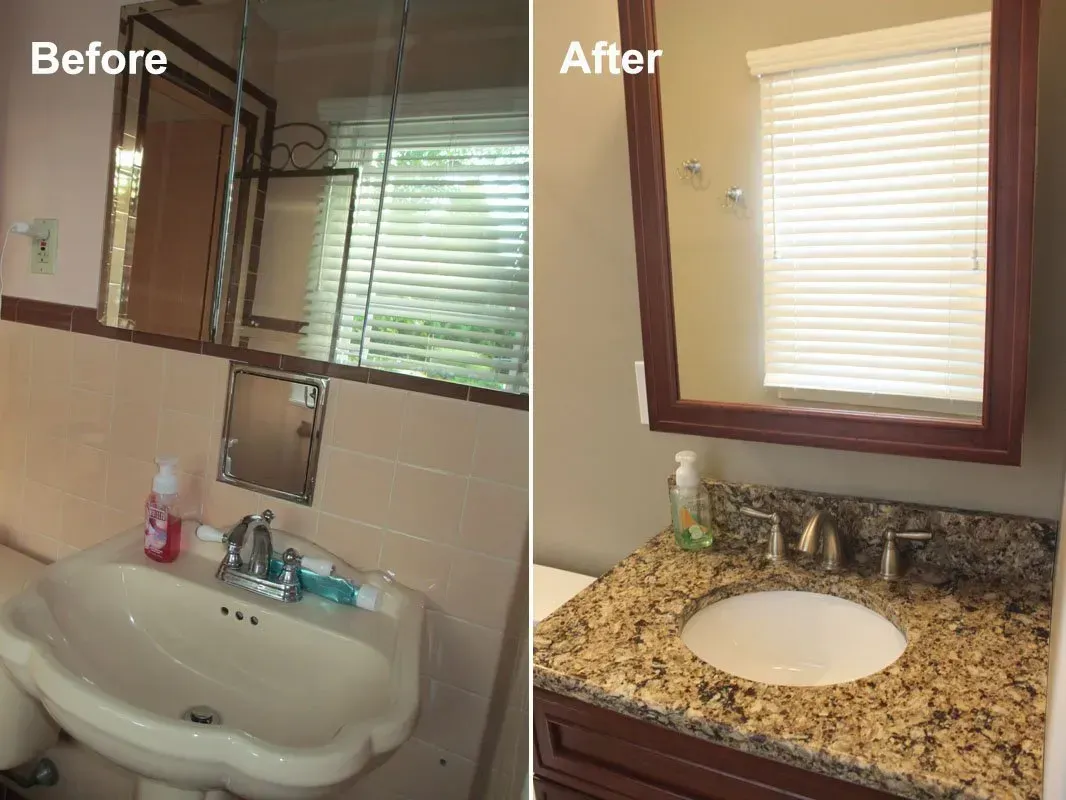 Before-and-after bathroom sink with a plain white basin replaced by a granite countertop and framed mirror  In Bucks County PA