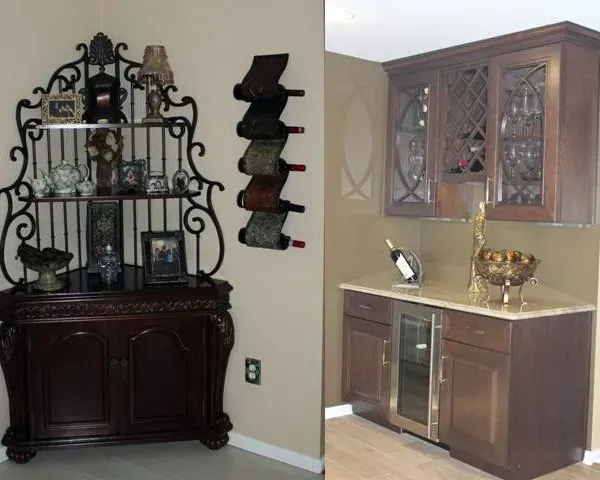 Two home interiors showing decorative cabinets and wall-mounted shelves in a dining area and kitchen In Bucks County PA