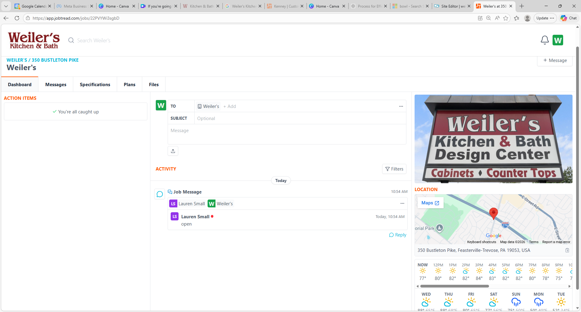Calendar webpage showing a beige note and a “Weiler’s Kitchen & Bath Design Center” photo preview on the right In Bucks County PA