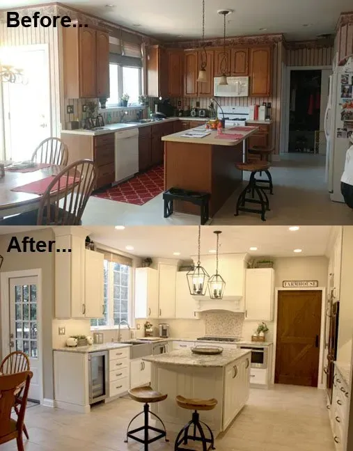 Before-and-after kitchen remodel: old dark kitchen above, bright white updated kitchen below In Bucks County PA