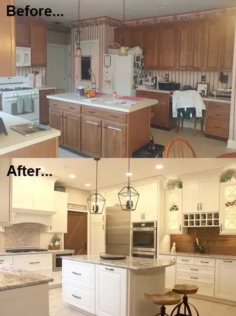 Before-and-after kitchen remodel: dark wood cabinets replaced with bright white cabinetry and island In Bucks Country PA