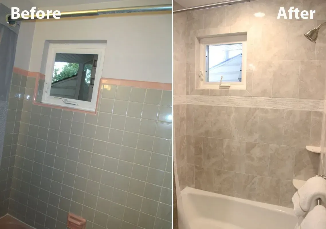 Split before-and-after bathroom shower wall renovation with new beige tile and window trim  In Bucks County PA