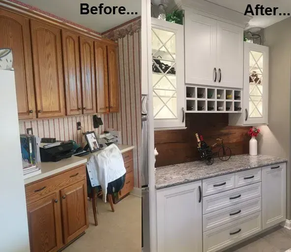 Before-and-after kitchen remodel: old wood cabinets replaced with white cabinets and countertop In Bucks Country PA