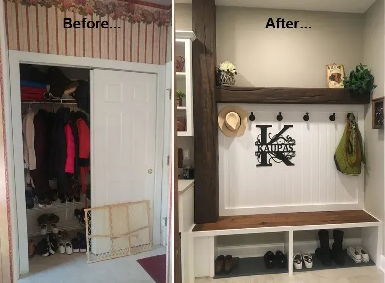 Before-and-after of a closet makeover, showing a cluttered closet turned into a tidy entryway with shelves and hooks In Bucks Country PA
