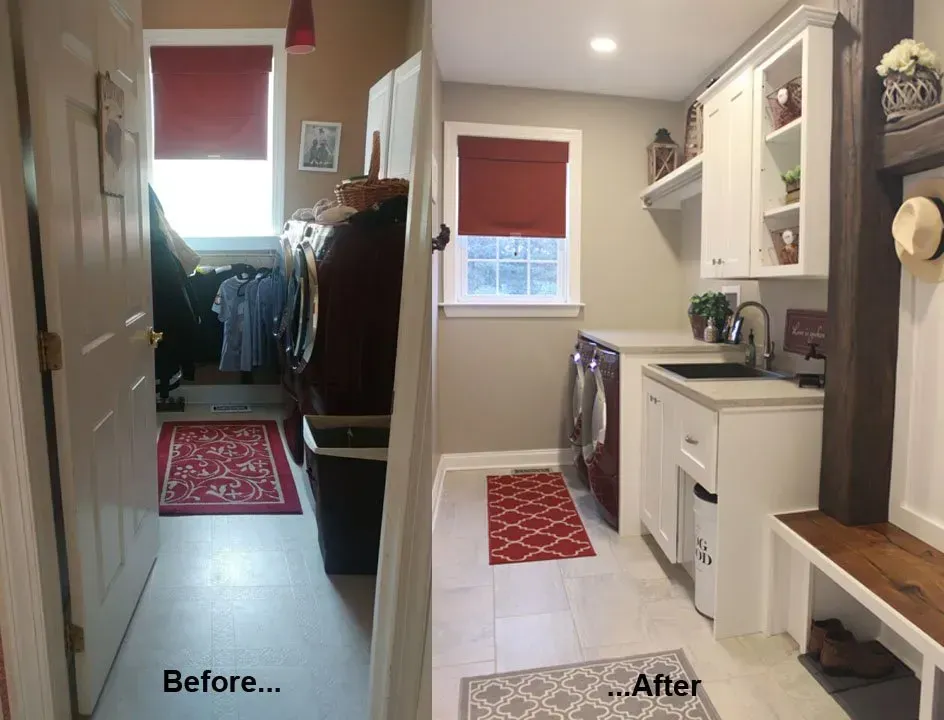 Before-and-after hallway closet makeover: cluttered entryway transformed into a bright, tidy bathroom vanity area In Bucks Country PA
