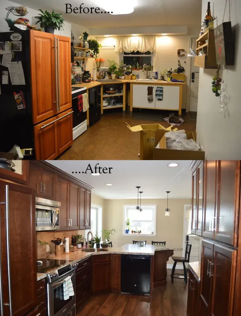 Before-and-after kitchen renovation showing a dated kitchen transformed into a modern wood-cabinet kitchen In Bucks County PA