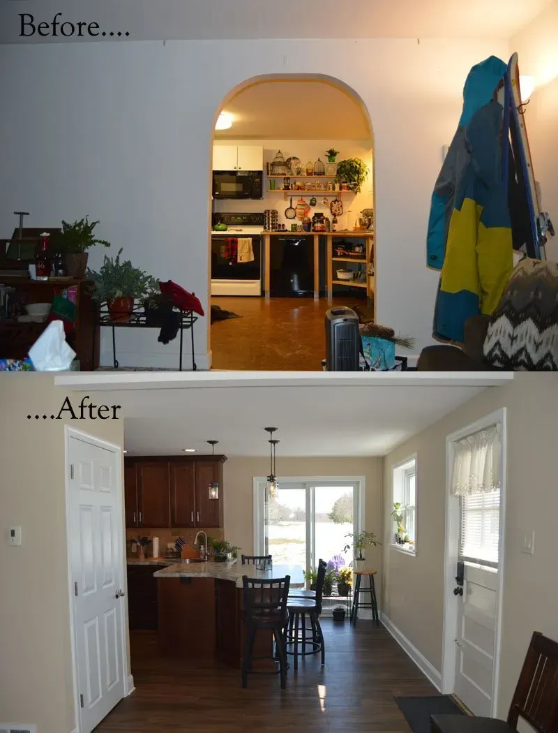 Before-and-after home interior remodel showing a doorway expanded into an open, bright kitchen and dining area  In Bucks County PA