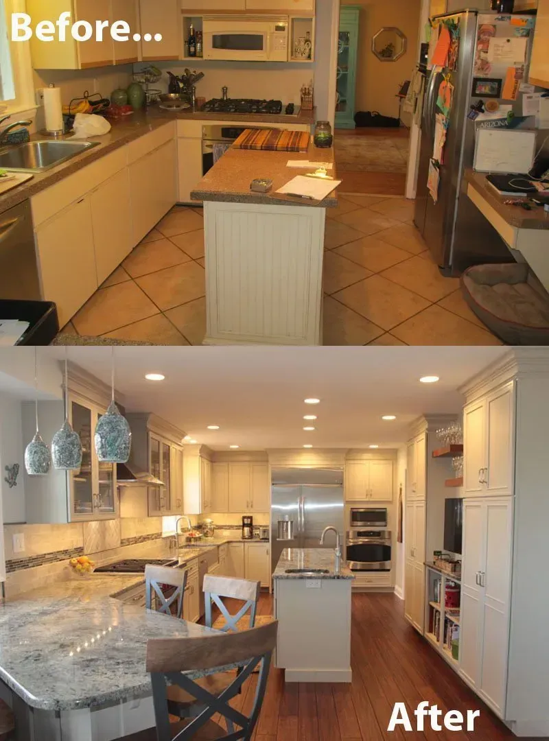 Before-and-after view of a remodeled kitchen with darker old cabinets and a bright updated design In Bucks County PA
