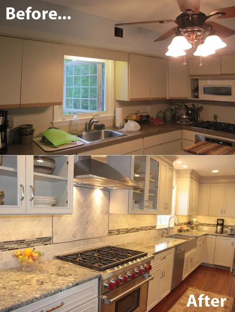 Before-and-after kitchen remodel with bright white cabinets, granite counters, and stainless steel appliances In Bucks County PA