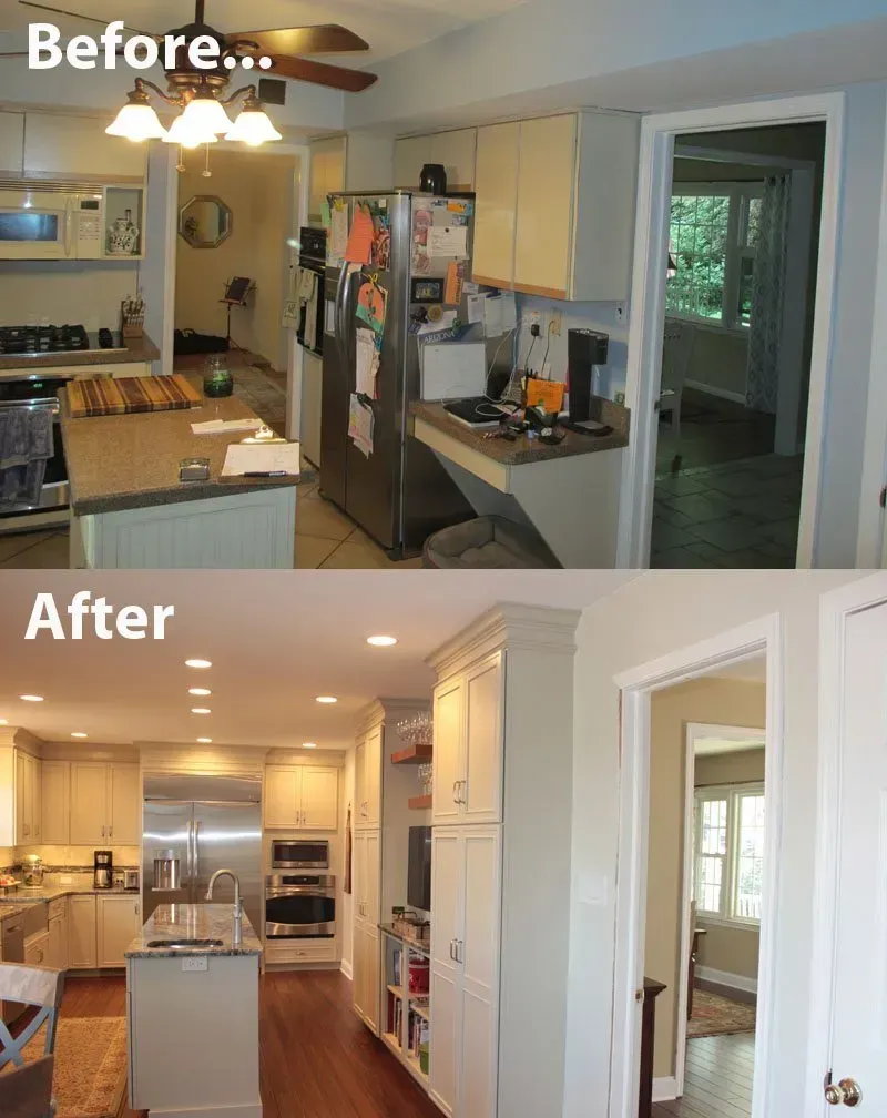 Before-and-after kitchen renovation, showing a cluttered dark kitchen transformed into a bright open space In Bucks County PA