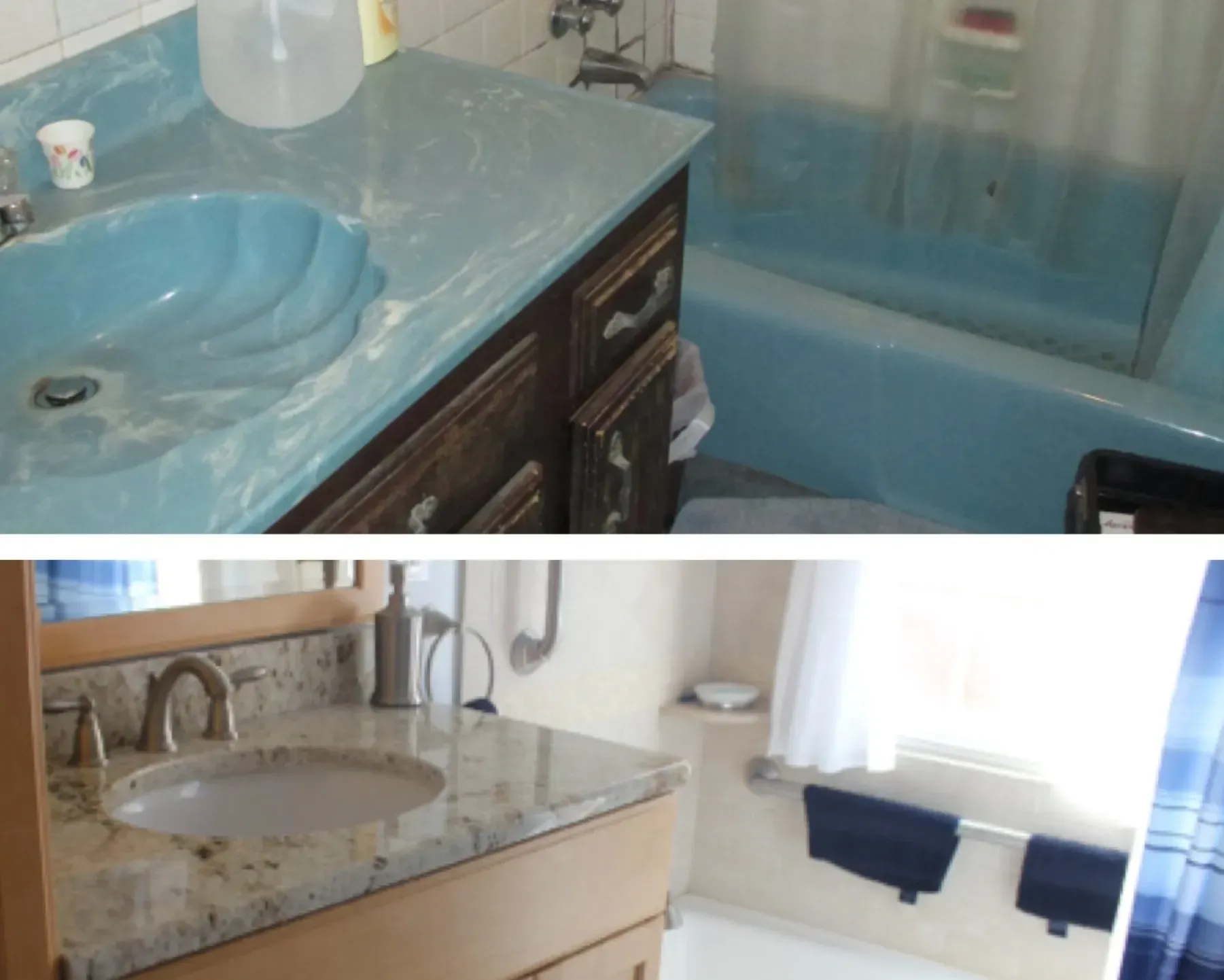 Two bathroom vanity and tub setups, one with a blue sink and tub, the other with a beige sink and towels In Bucks County PA