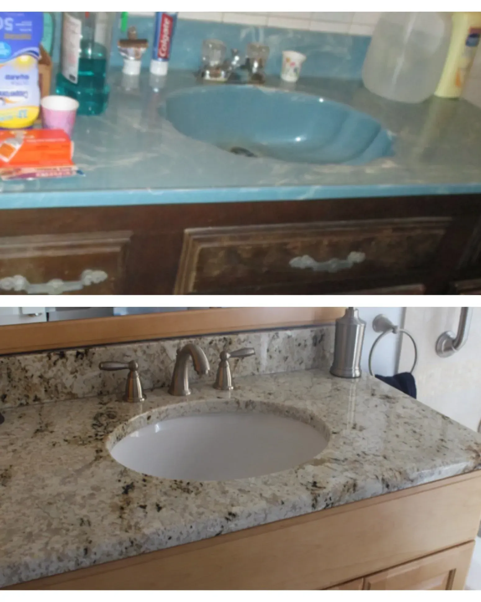 Before-and-after bathroom sink vanity with blue countertop replaced by speckled granite top In Bucks County PA
