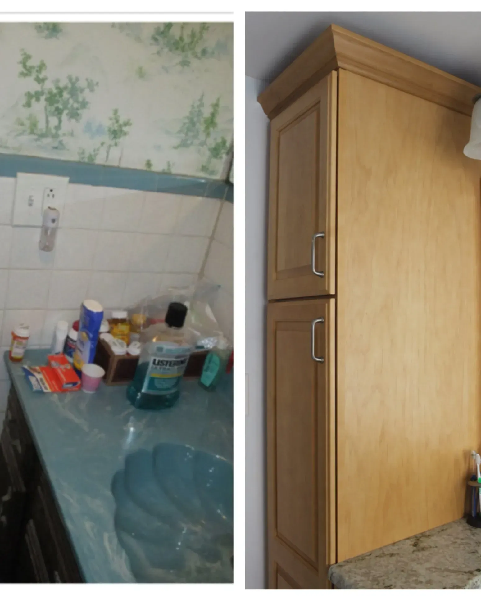Bathroom counter with toiletries beside a wooden cabinet and sink In Bucks County PA