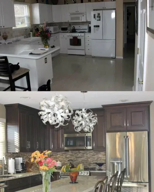 Before-and-after kitchen makeover: plain white kitchen above, dark modern kitchen below  In Bucks County PA