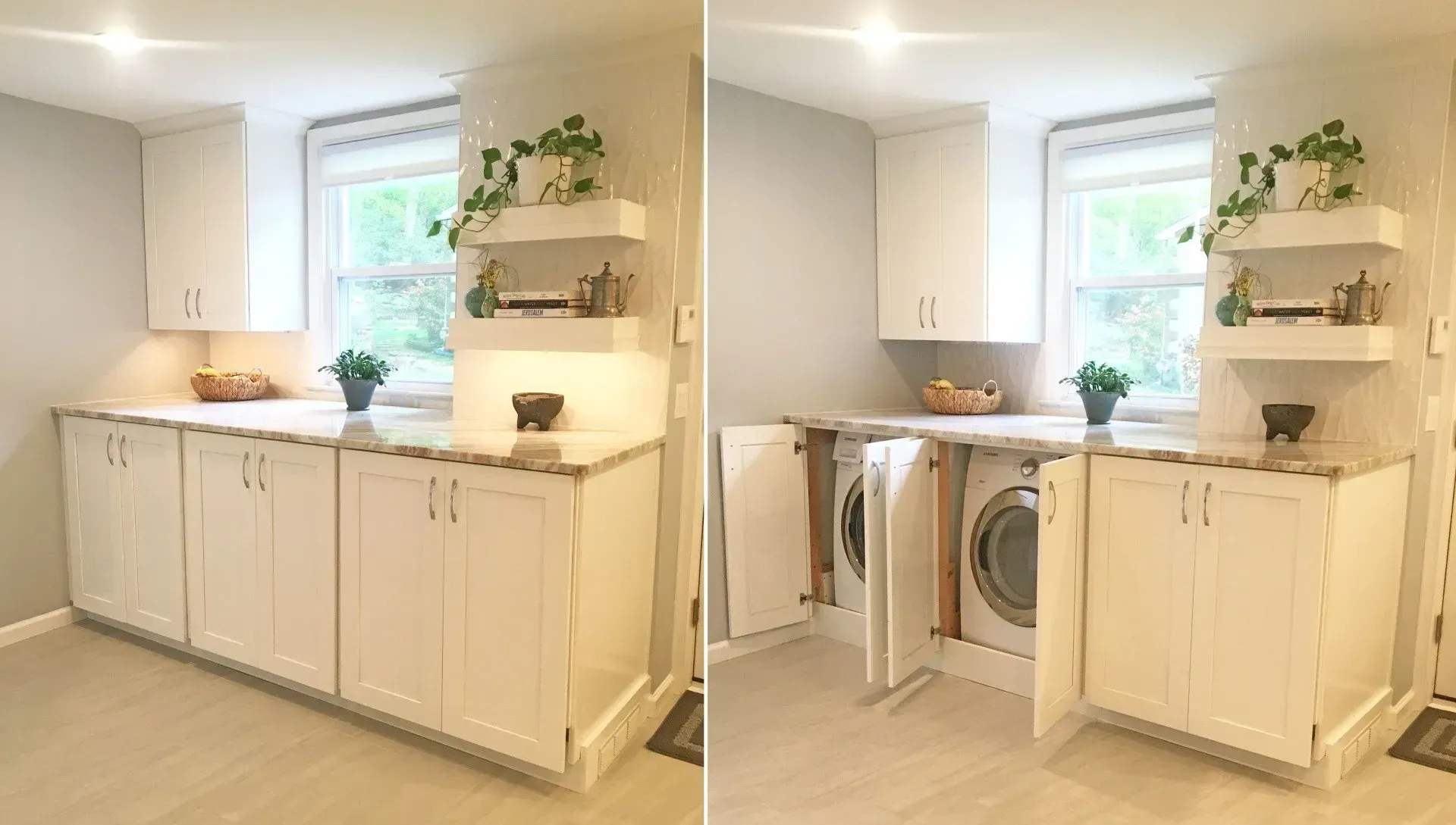 Bright white kitchen with cabinets; one view shows a hidden washer and dryer behind cabinet doors In Bucks County PA