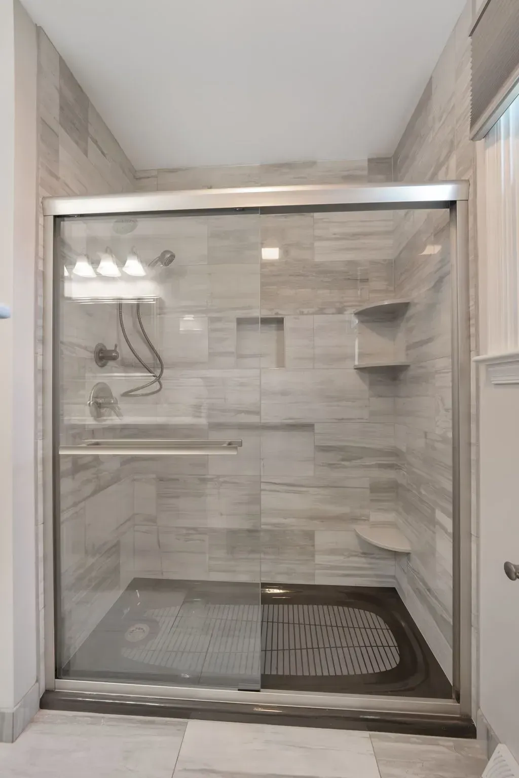 Modern tiled walk-in shower with glass door, built-in shelves, and overhead lights In Bucks County PA