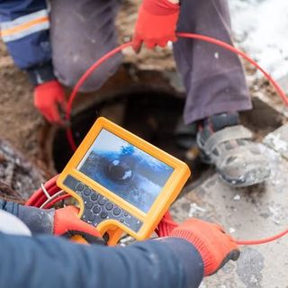 Person using a camera to inspect a manhole. Orange monitor shows blue images. Red cables and gloves visible.