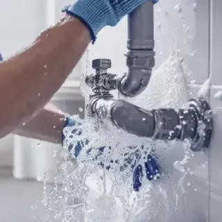 Plumber in blue and orange workwear, working on kitchen sink plumbing with an orange pump.