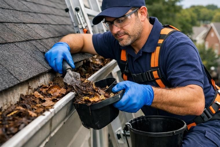 Worker in blue gloves cleaning gutter debris from a rooftop with a trowel and bucket