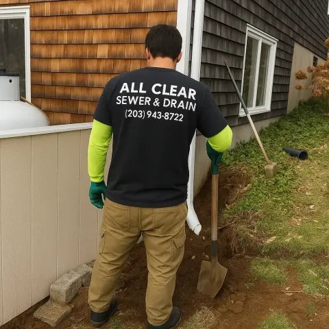 A person with a shovel, wearing a