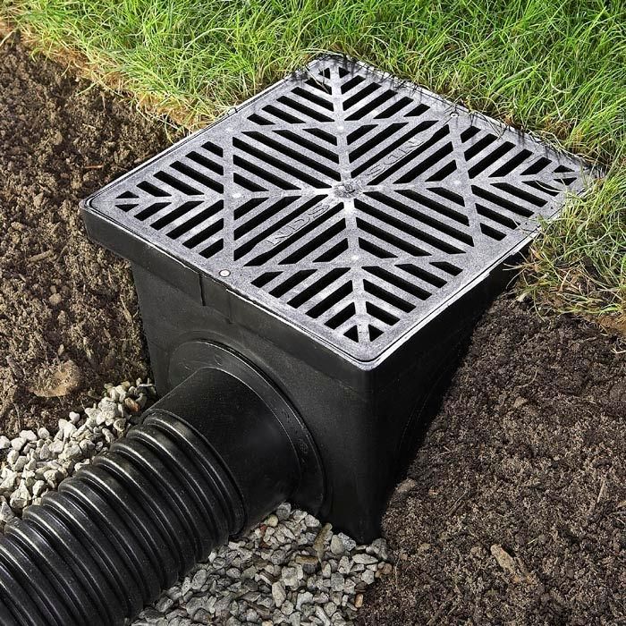 Storm drain inlet with black grate and pipe set in grass and gravel