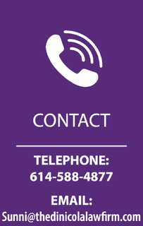A purple sign that says contact telephone : 614-588-2877 email : sunny@thedinicolalawfirm.com