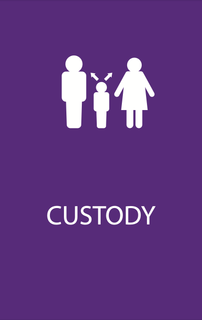 A purple background with a white icon of a family and the word custody