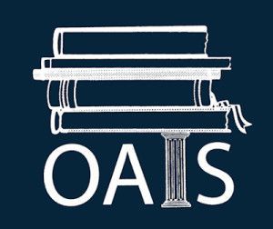 A logo for oais with a stack of books and columns