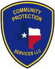 Blue and gold shield logo reading “Community Protection Services LLC” with Texas silhouette and star.