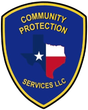 Blue and gold shield logo reading “Community Protection Services LLC” with Texas silhouette and star.
