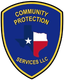 Blue and gold shield logo reading “Community Protection Services LLC” with Texas silhouette and star.