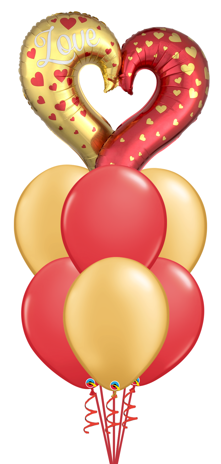 a bunch of red and gold balloons with a heart shaped balloon in the middle .