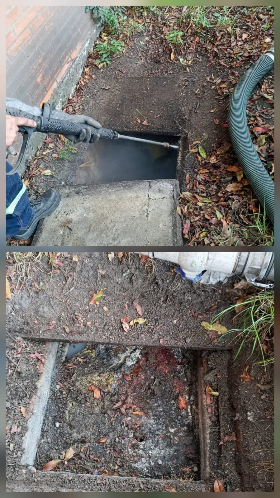 Trabajador quitando la tapa del panel de acceso subterráneo con un martillo neumático, rodeado de tierra y escombros.