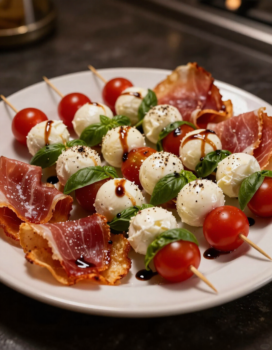 Finger food con pinchos caprese y chips de jamón crudo