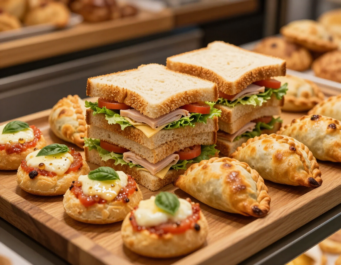 Bandeja de sándwiches de miga, pizzetas y empanaditas