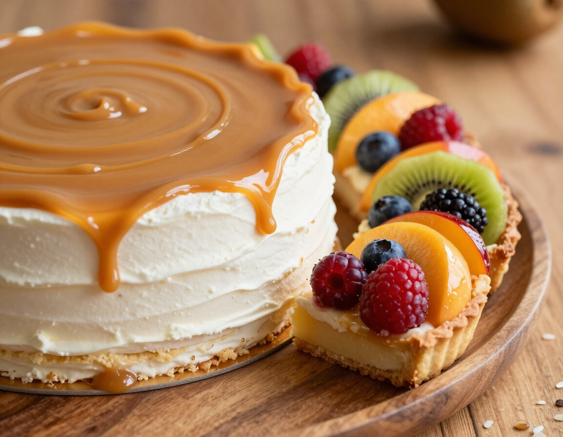 Torta artesanal con porciones de tarta y dulce de leche