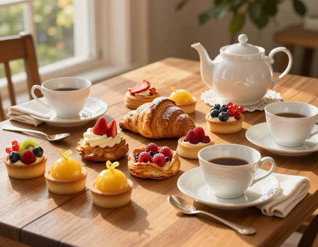Mesa de merienda con tartas y facturas